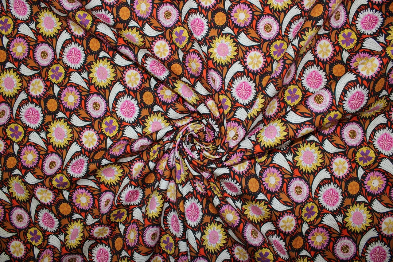 Avenue M0ntaigne Floral Stretch - Pinks/Gold/Orange on Black