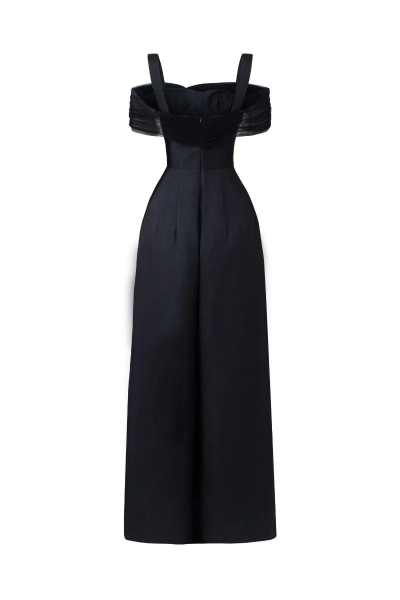 BLACK MONICA TAFFETA CHEST CUP JUMPSUIT