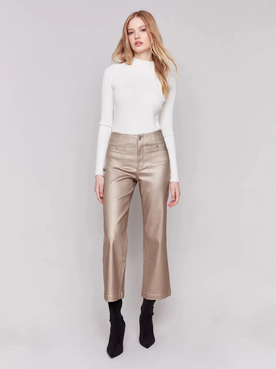 Charlie B Bronze Metallic Wax Flared Pants