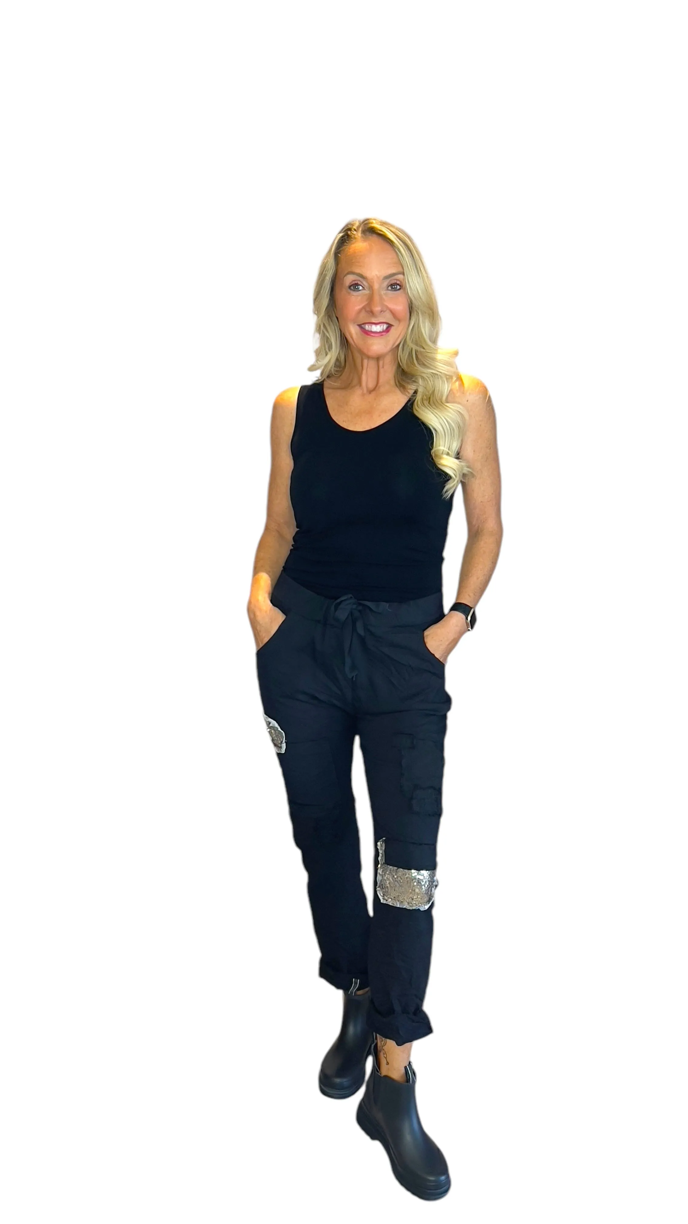 CRINKLE BLACK DRAWSTRING SEQUIN PATCH PANT