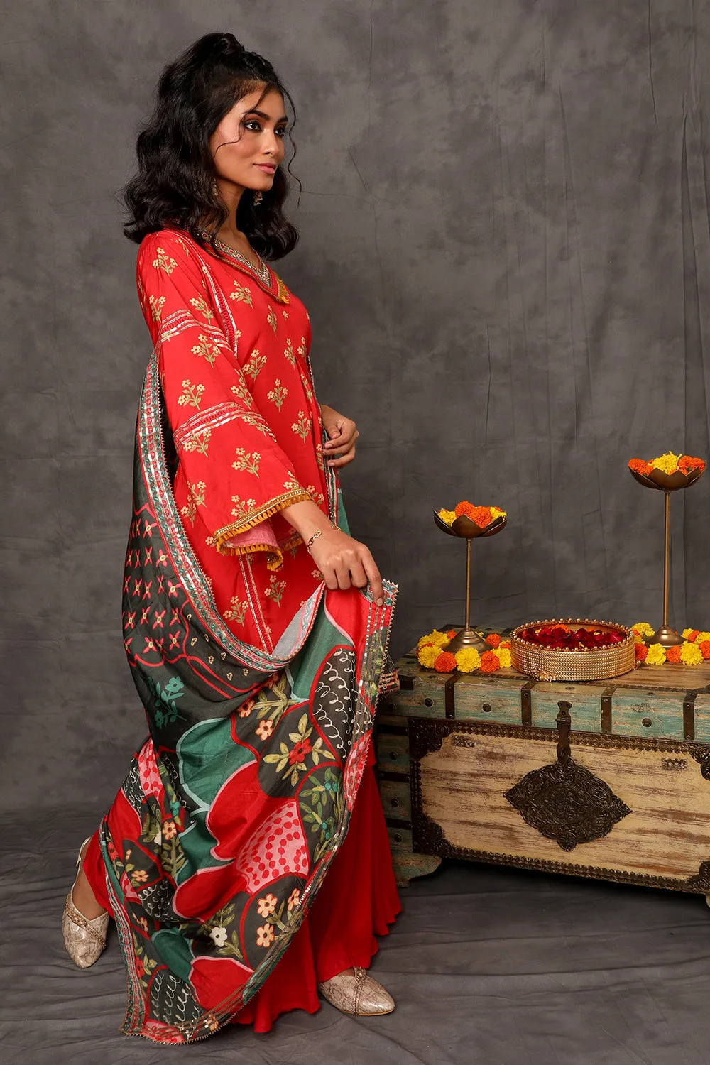 GEET- Scarlet Red Three Piece Suit Set With Printed Dupatta