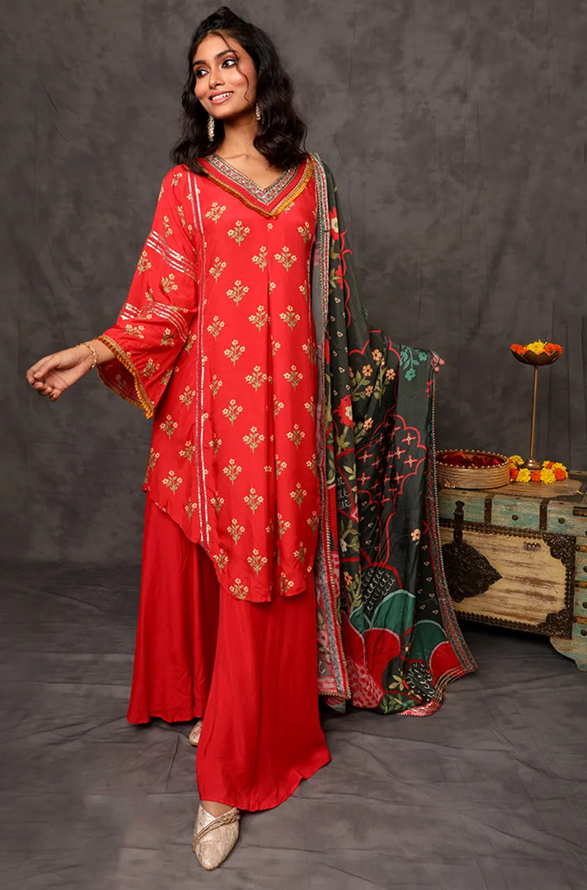 GEET- Scarlet Red Three Piece Suit Set With Printed Dupatta