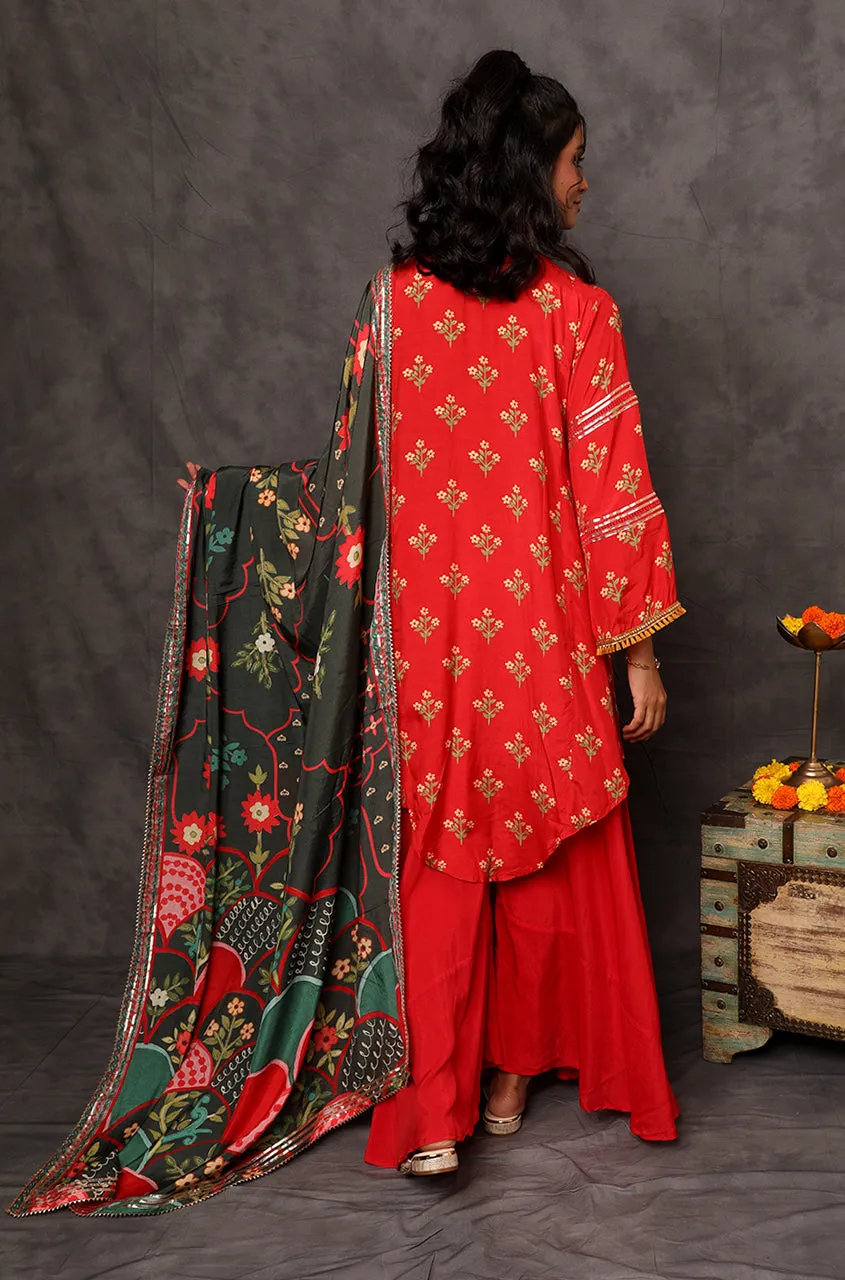 GEET- Scarlet Red Three Piece Suit Set With Printed Dupatta