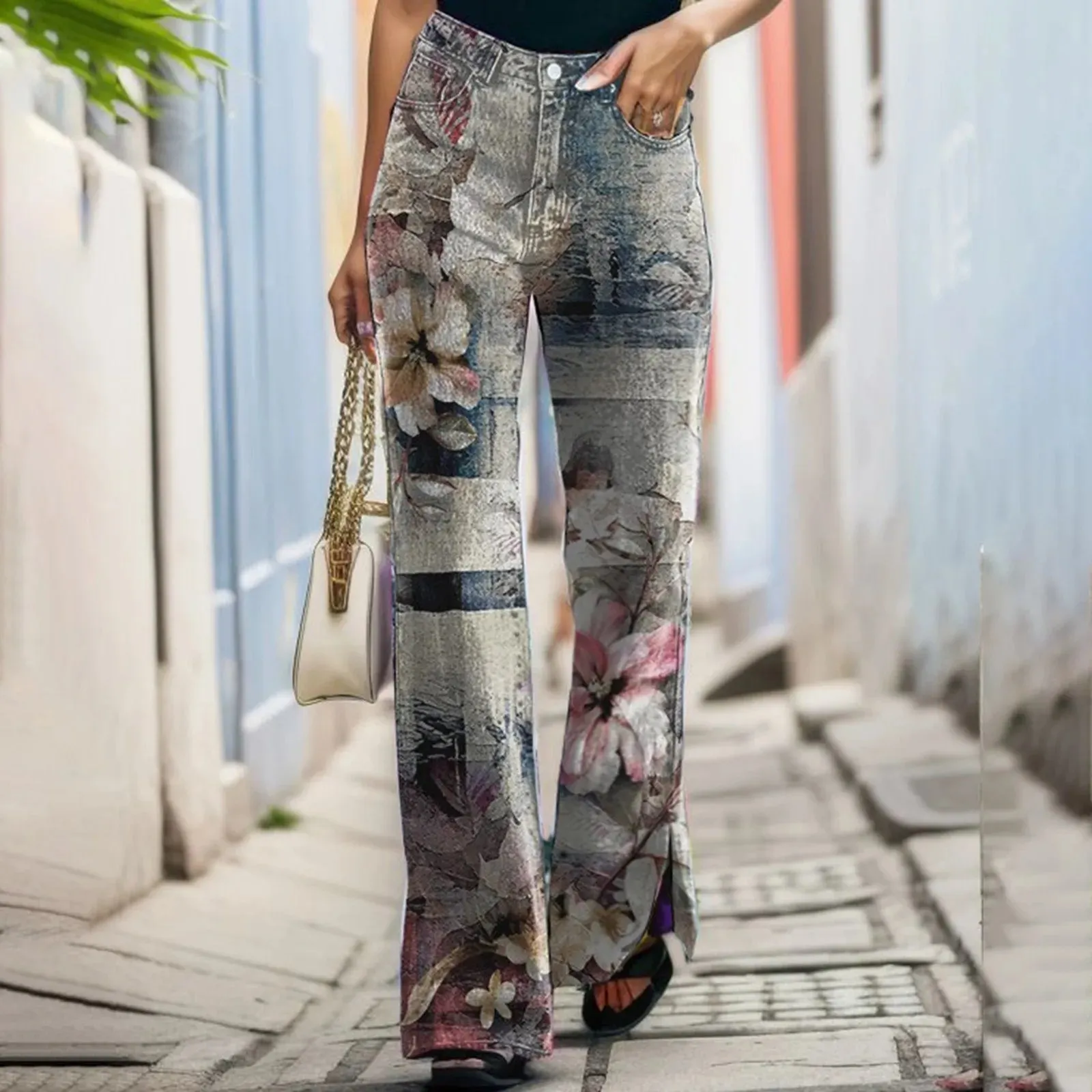 LVSANW Bright Color Printing Jeans Women Casual Fashion Comfortable Floral Print Split Hem Denim Trousers Plaid Casual Pants For Women