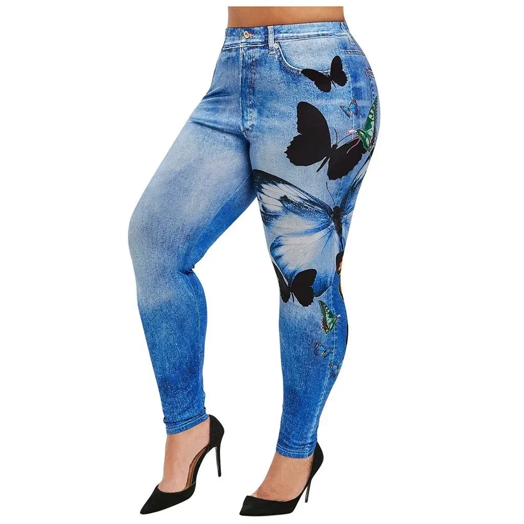 LVSANW Comfortable Skinny Pants Denim Leggings Butterfly Print Women Jean Cowboy Stretchy Famale Slim Faux Jeans Pants Plus Size 5XL