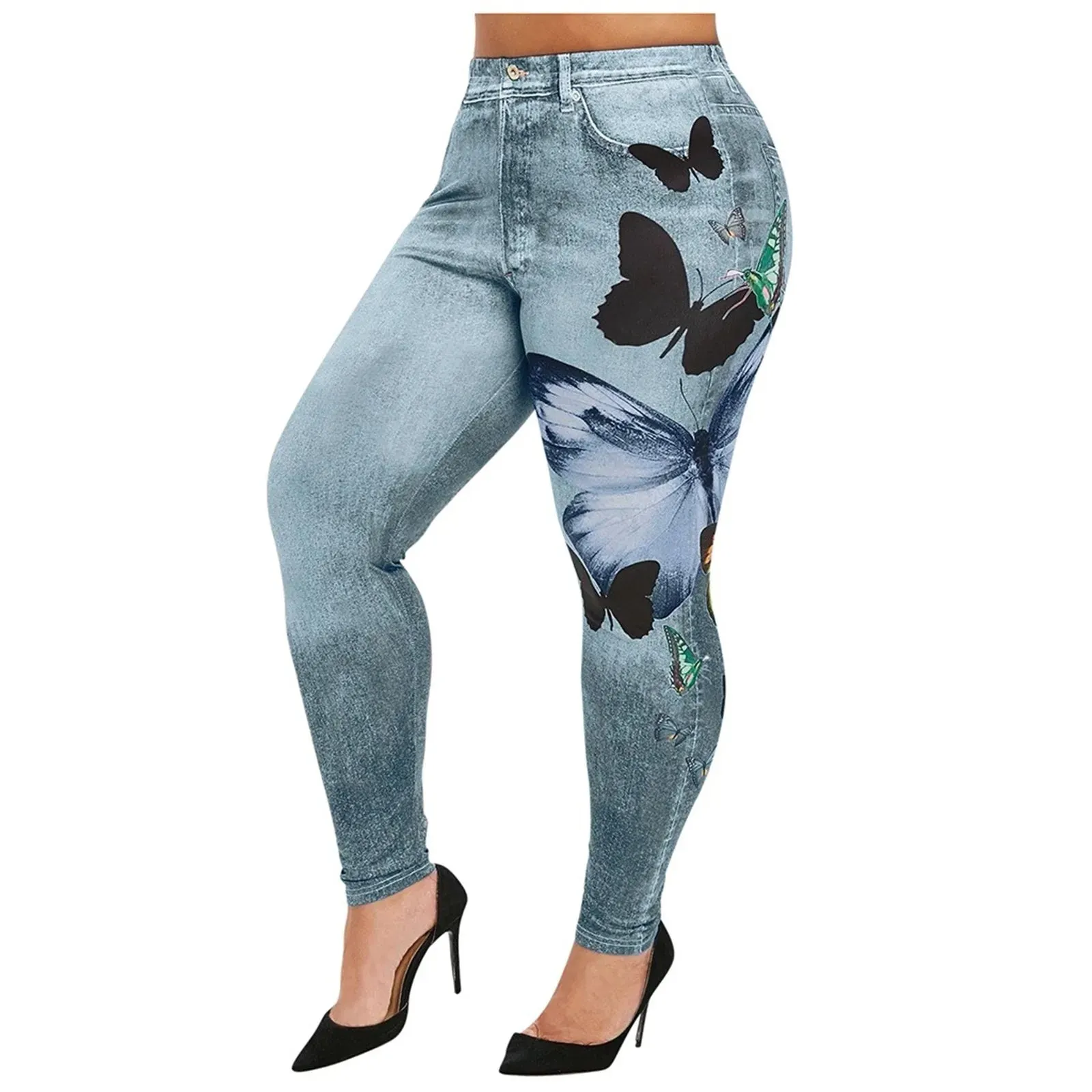 LVSANW Comfortable Skinny Pants Denim Leggings Butterfly Print Women Jean Cowboy Stretchy Famale Slim Faux Jeans Pants Plus Size 5XL