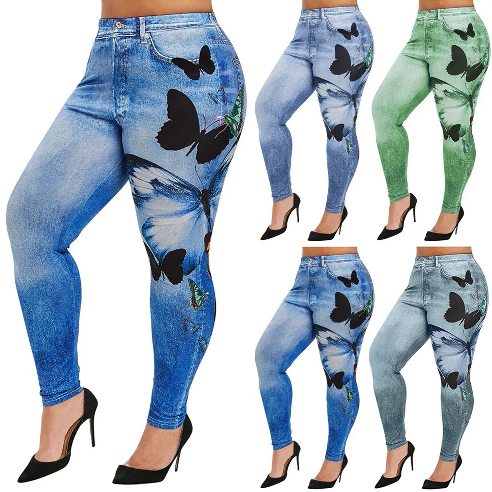 LVSANW Comfortable Skinny Pants Denim Leggings Butterfly Print Women Jean Cowboy Stretchy Famale Slim Faux Jeans Pants Plus Size 5XL