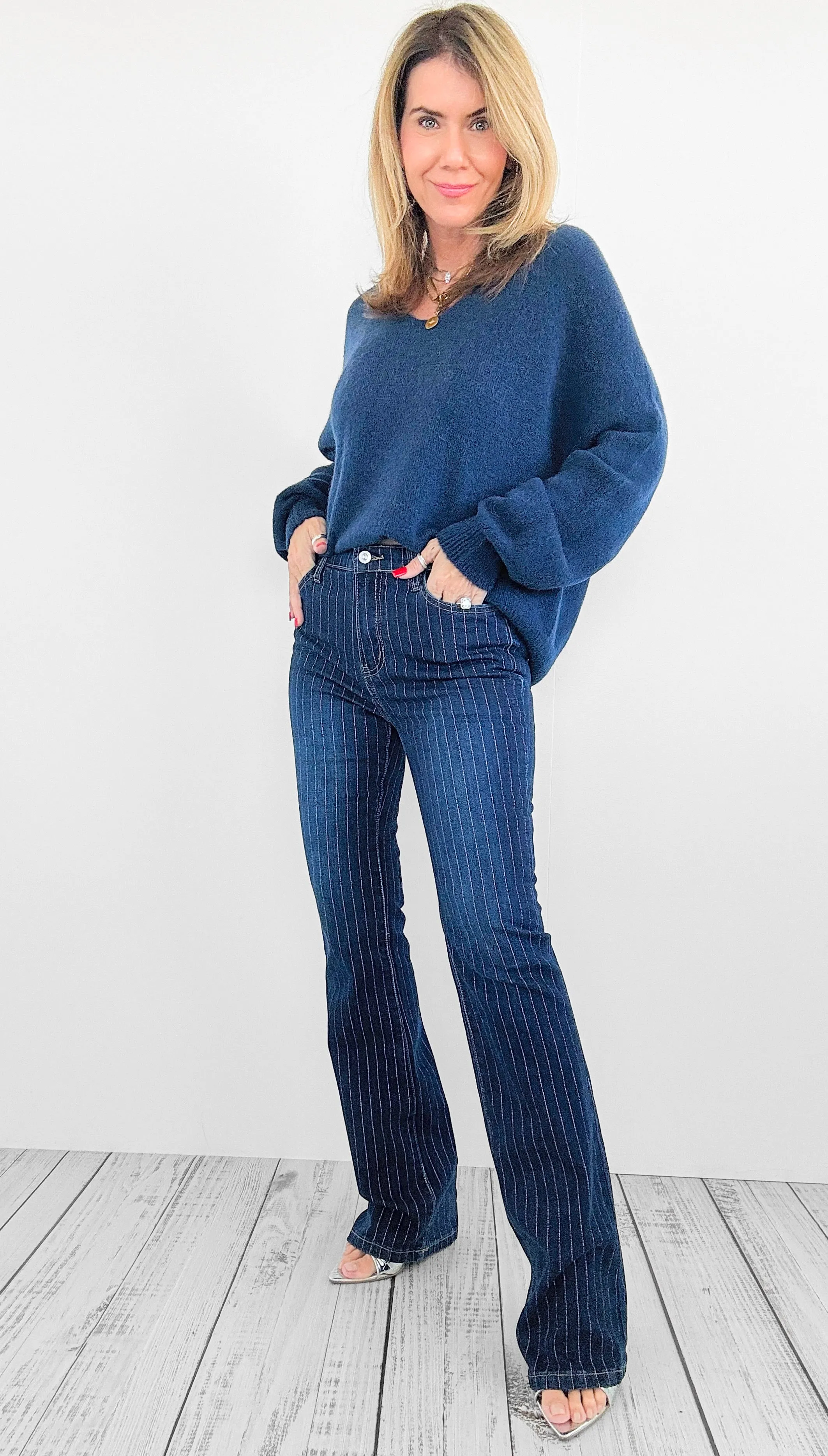 Manhattan Pinstripe Flare Denim Pants