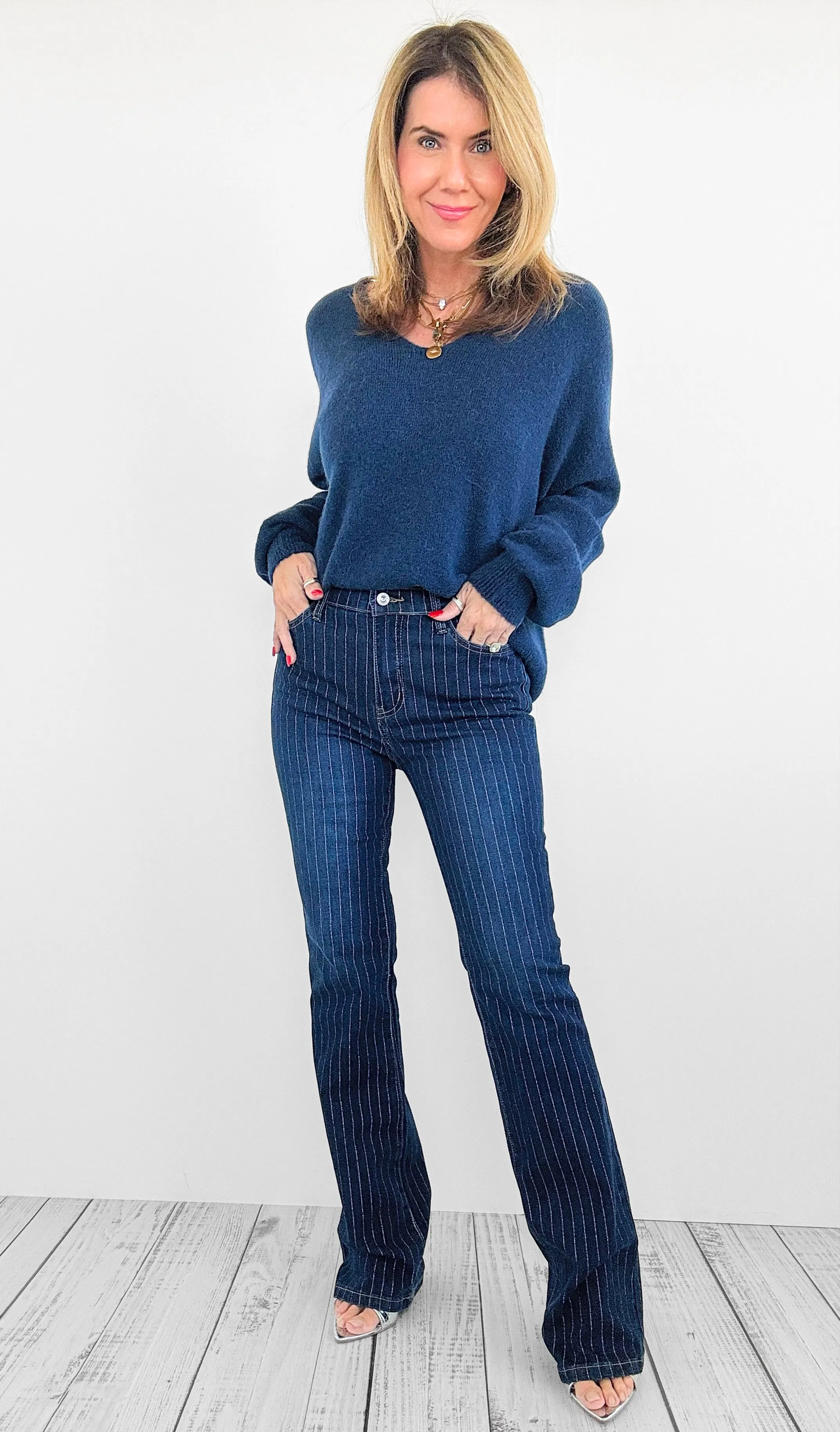 Manhattan Pinstripe Flare Denim Pants