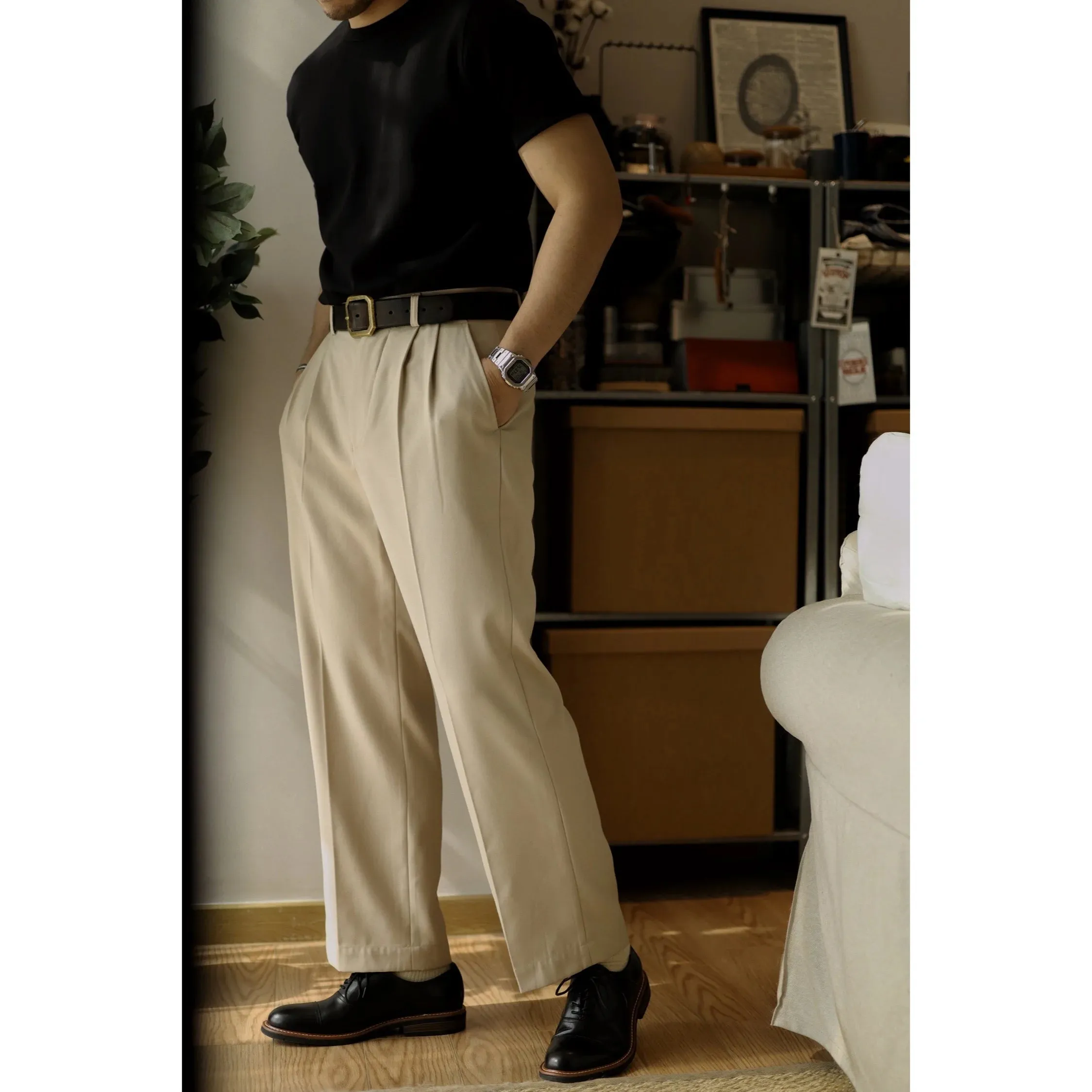 Men's Vintage High-Waisted Wide Leg Pants with Side Pocket