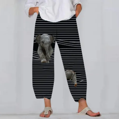 New Animal Series Digital 3D Printing Loose Casual Elastic Waist Straight Pants