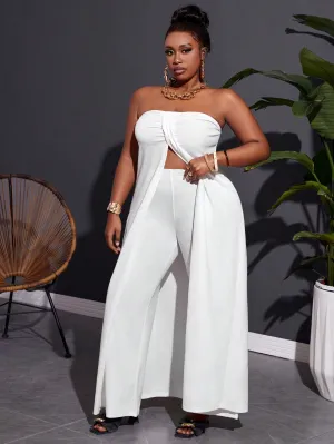 Plus Size Elegant Strapless Front Middle Slit Loose Long Top And Pants Set