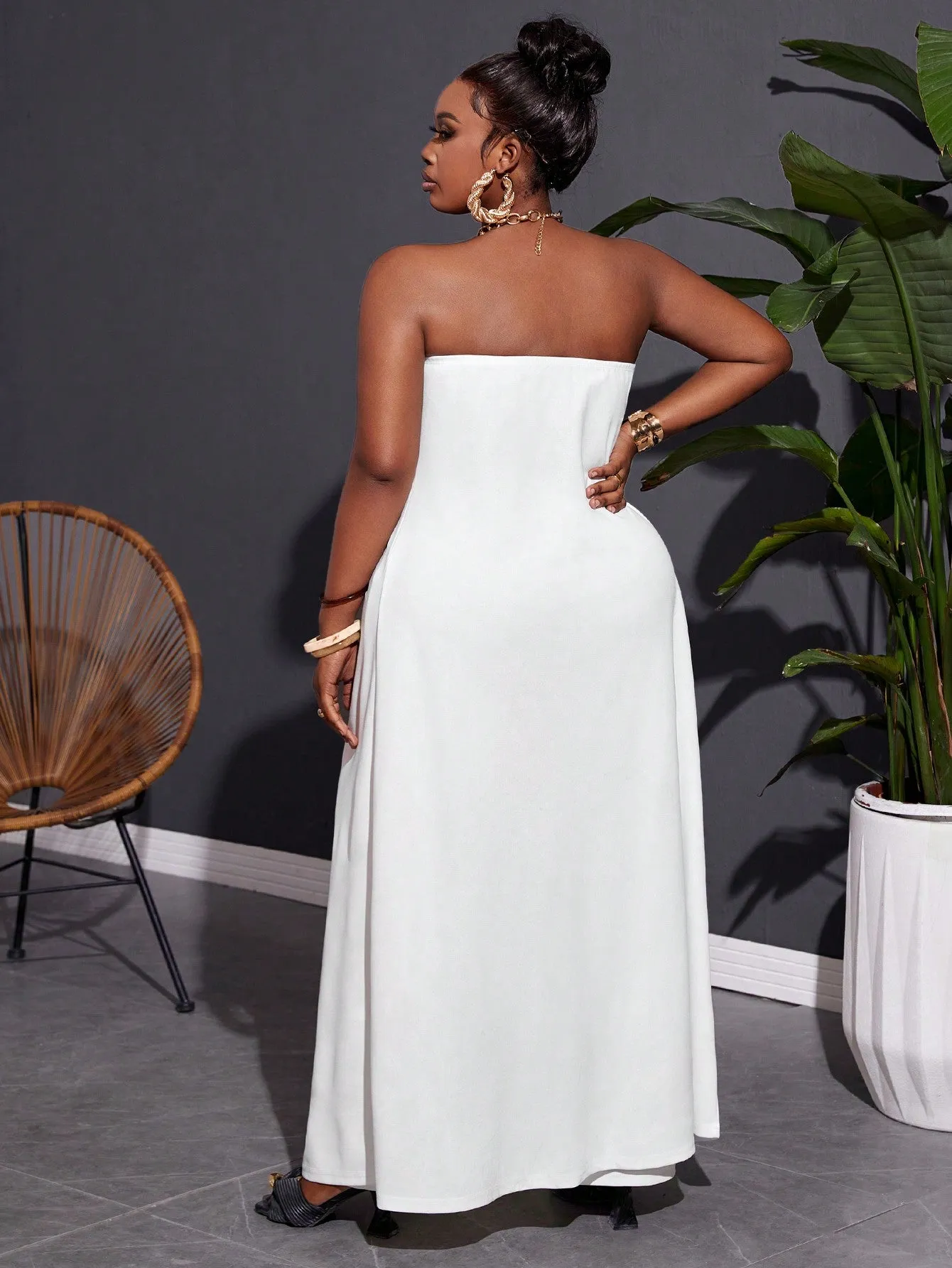 Plus Size Elegant Strapless Front Middle Slit Loose Long Top And Pants Set