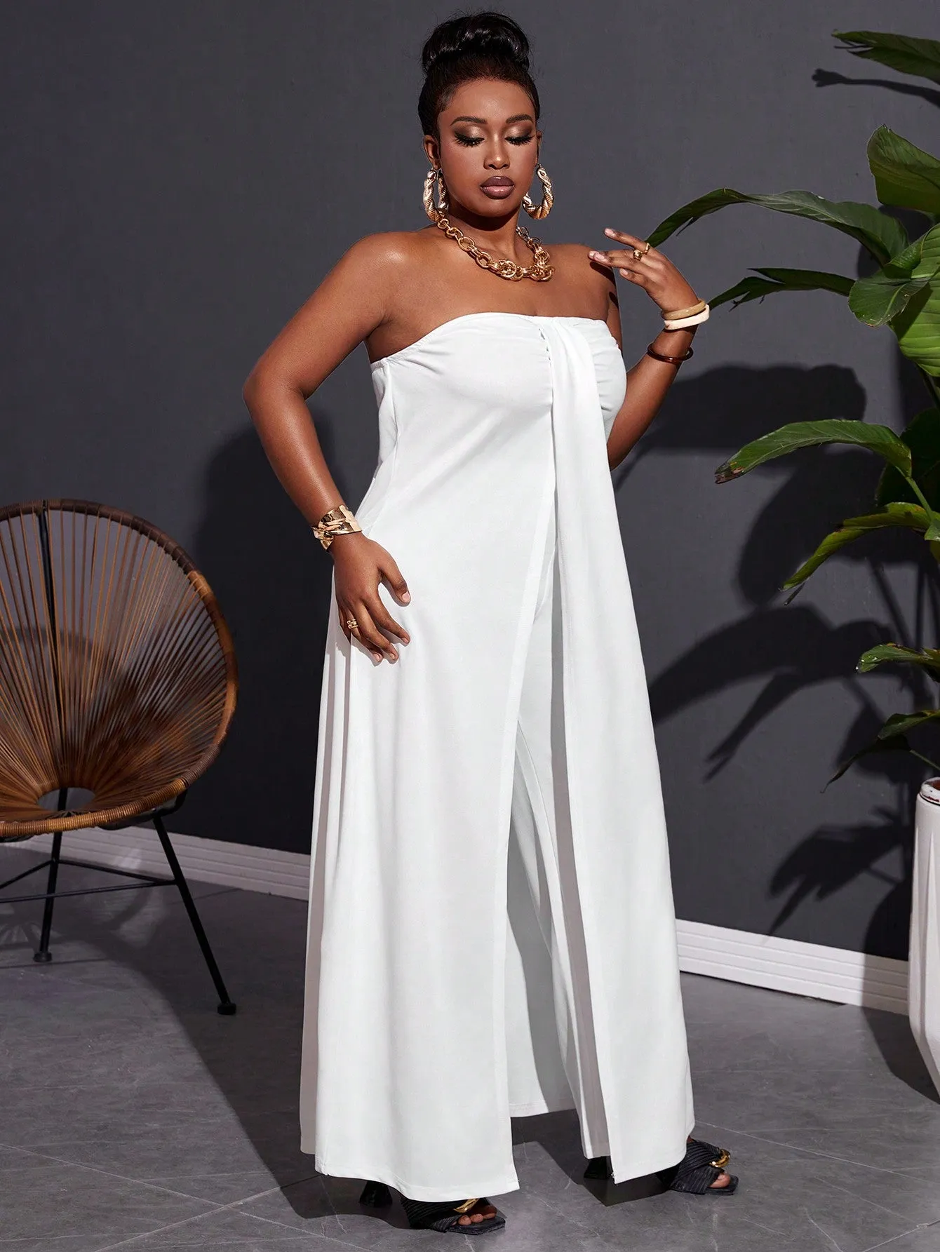 Plus Size Elegant Strapless Front Middle Slit Loose Long Top And Pants Set