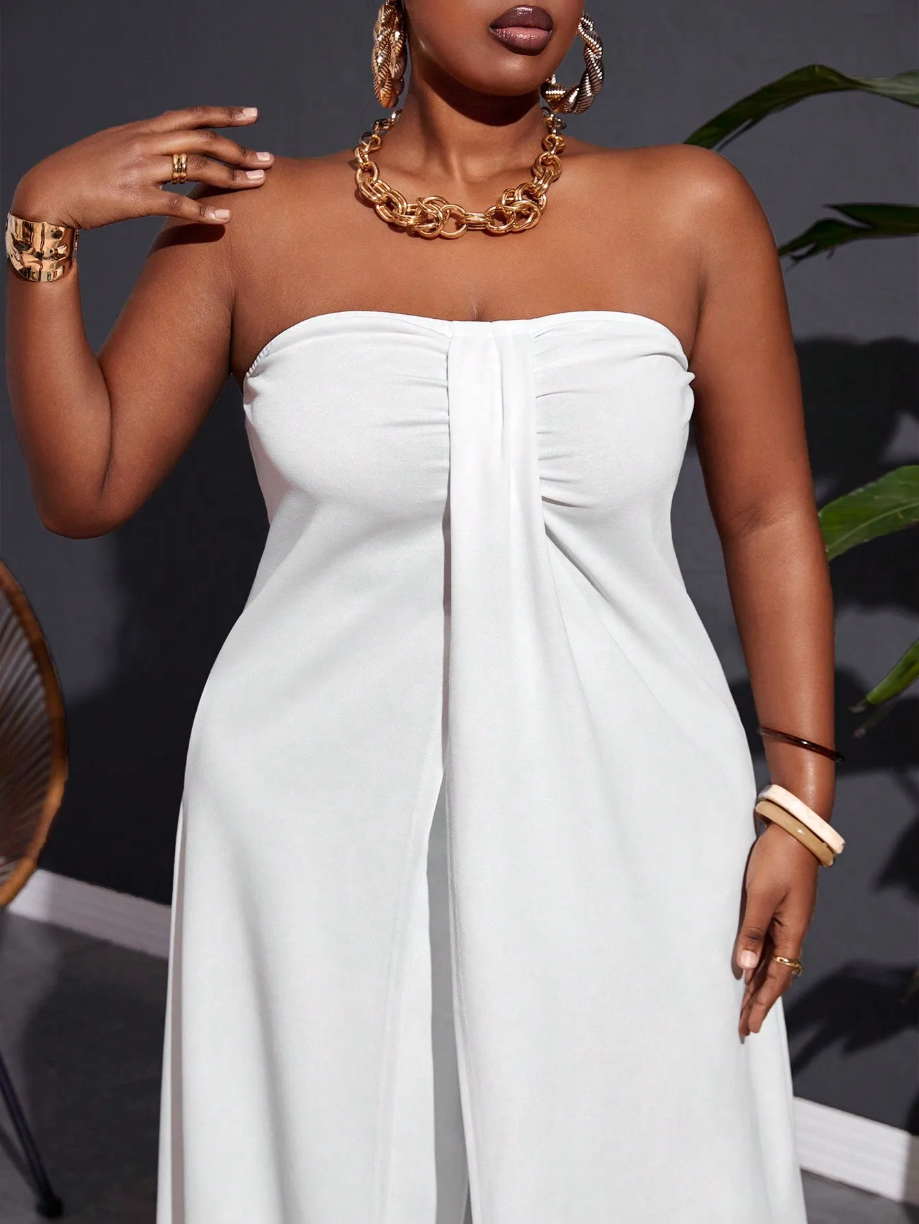 Plus Size Elegant Strapless Front Middle Slit Loose Long Top And Pants Set