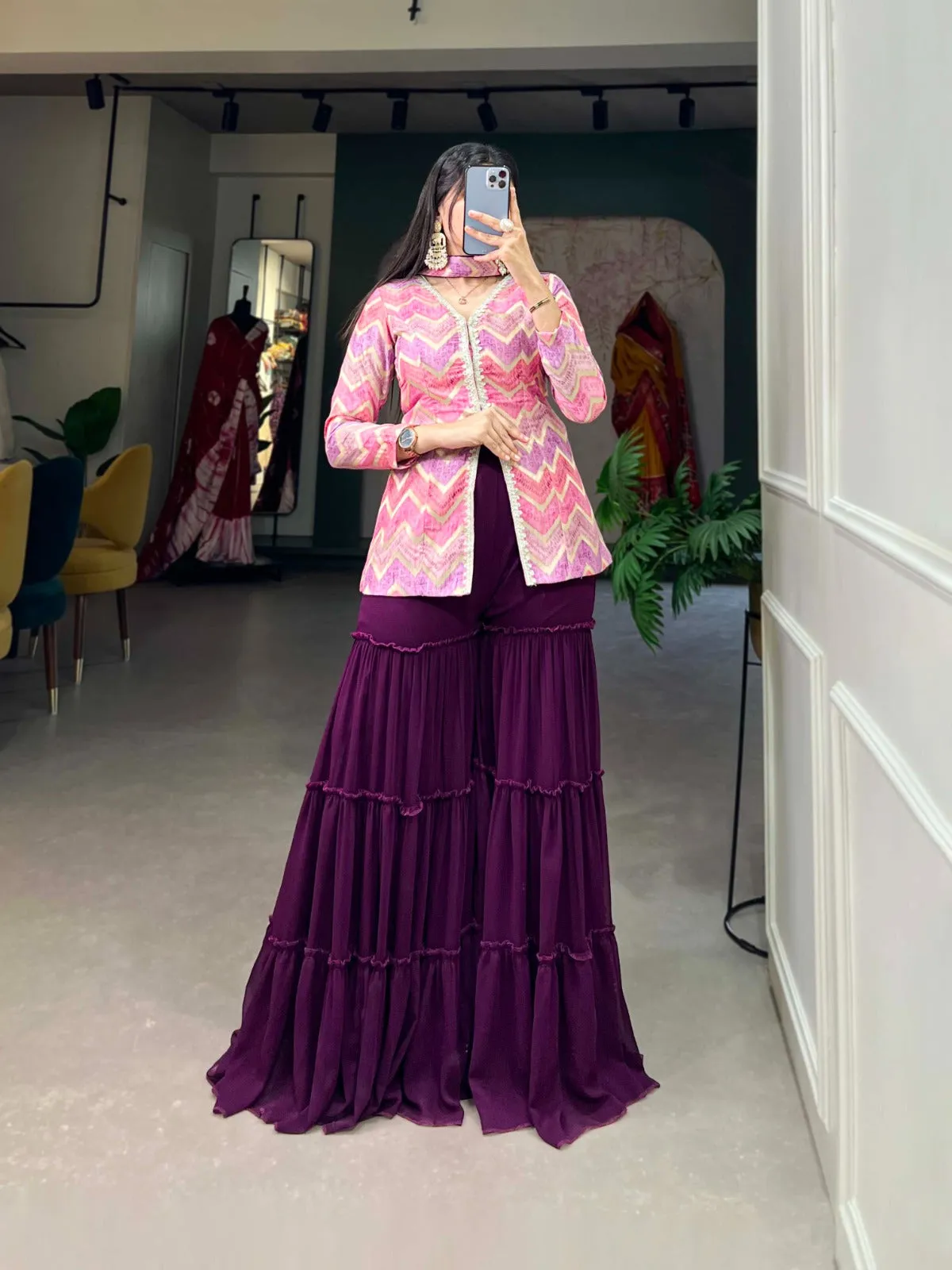 Purple Position Print Comfort Kurta Set with Palazzo Pants and Dupatta