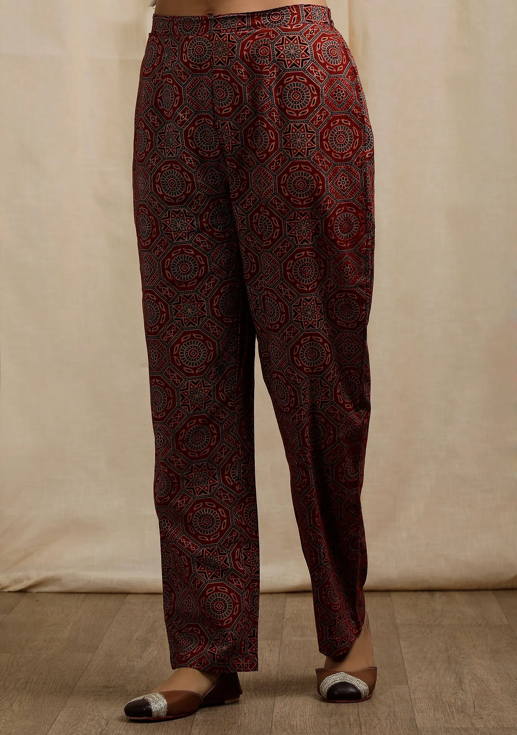 Red Ajrakh Print Straight Pants