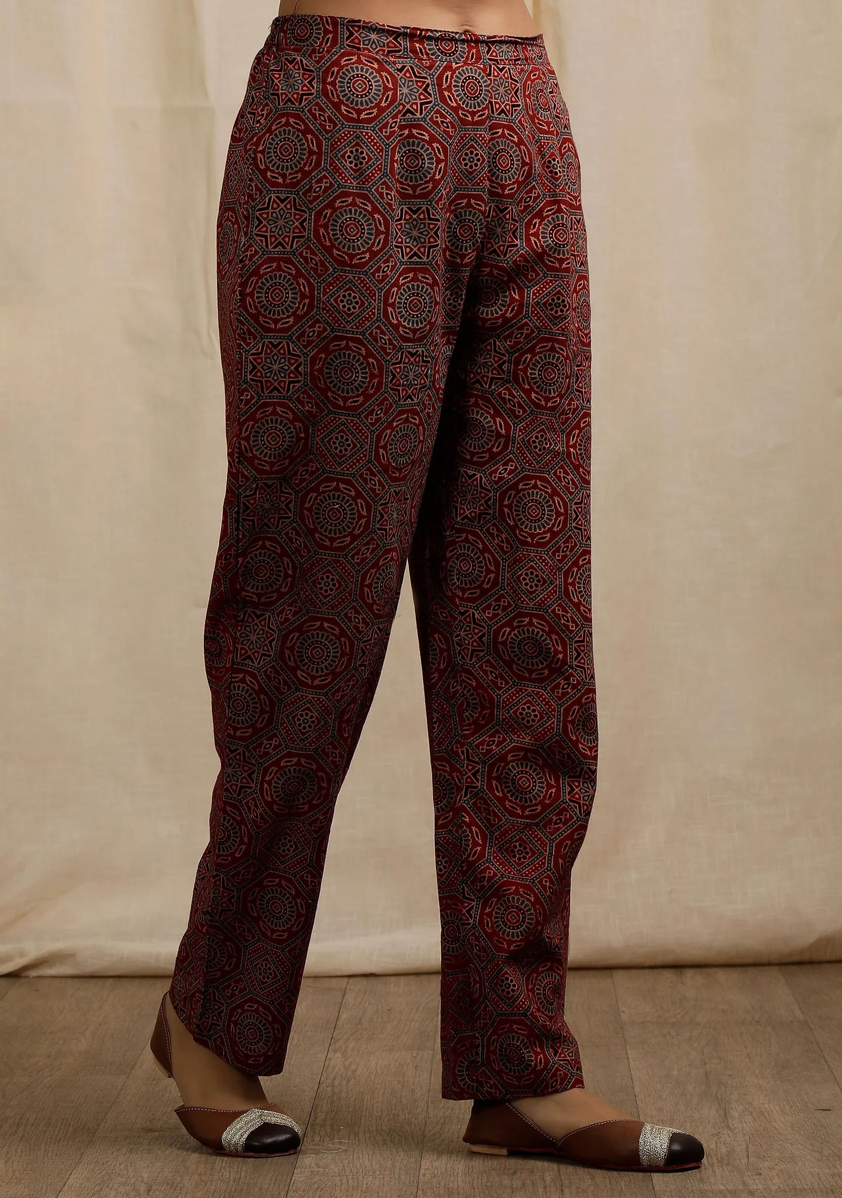 Red Ajrakh Print Straight Pants