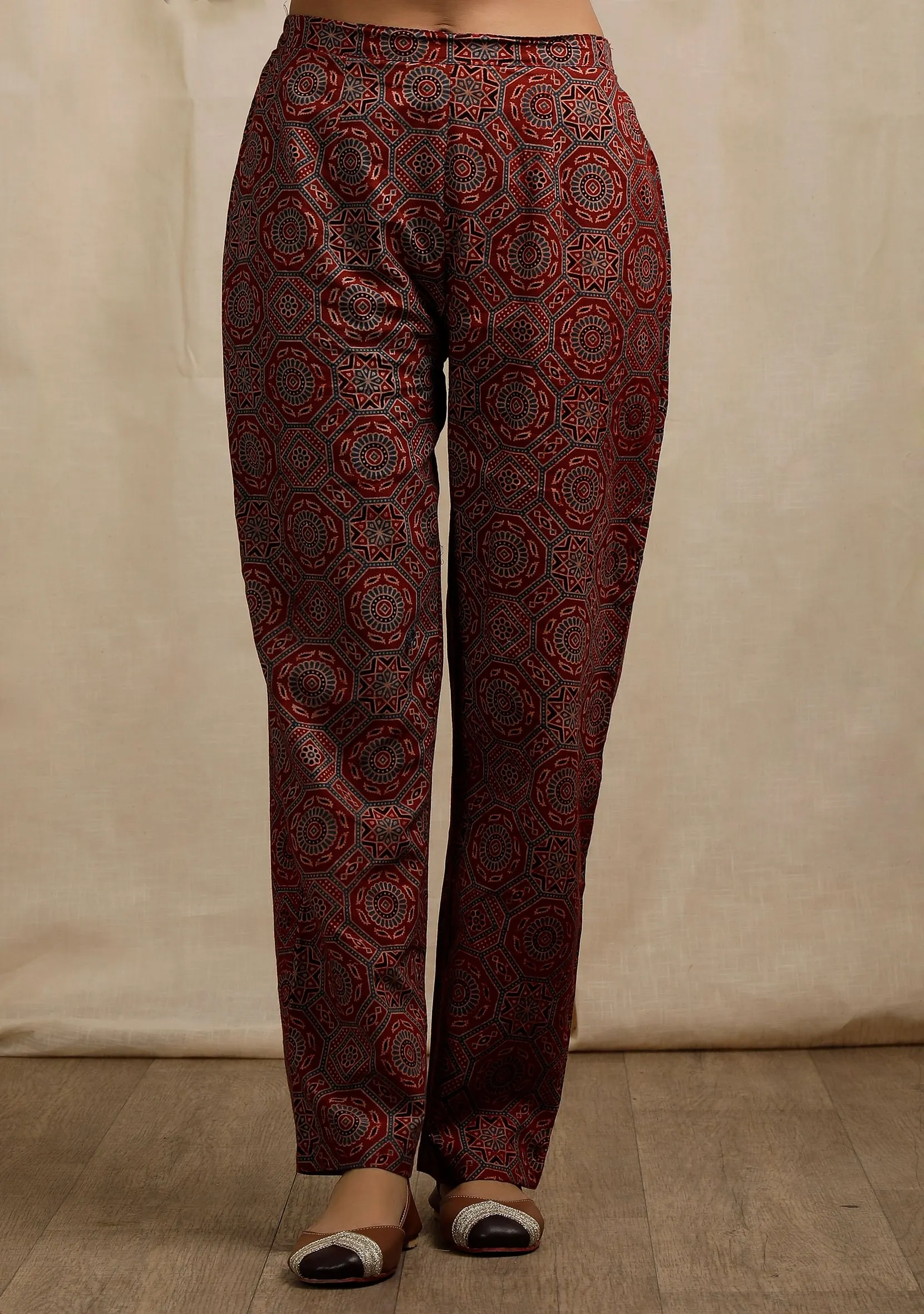 Red Ajrakh Print Straight Pants