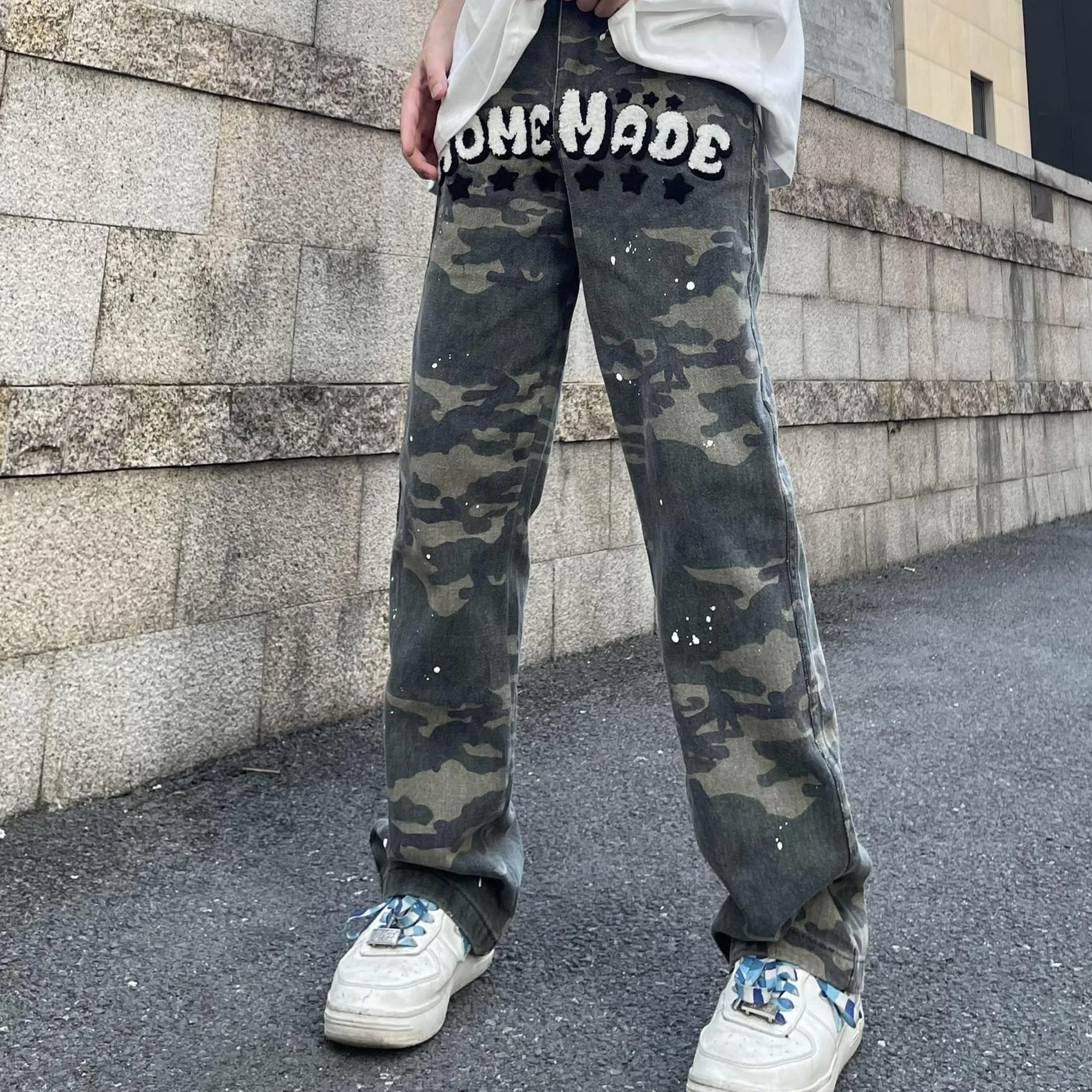 Retro Camouflage Cargo Pants Loose Straight Leg Denim Jeans