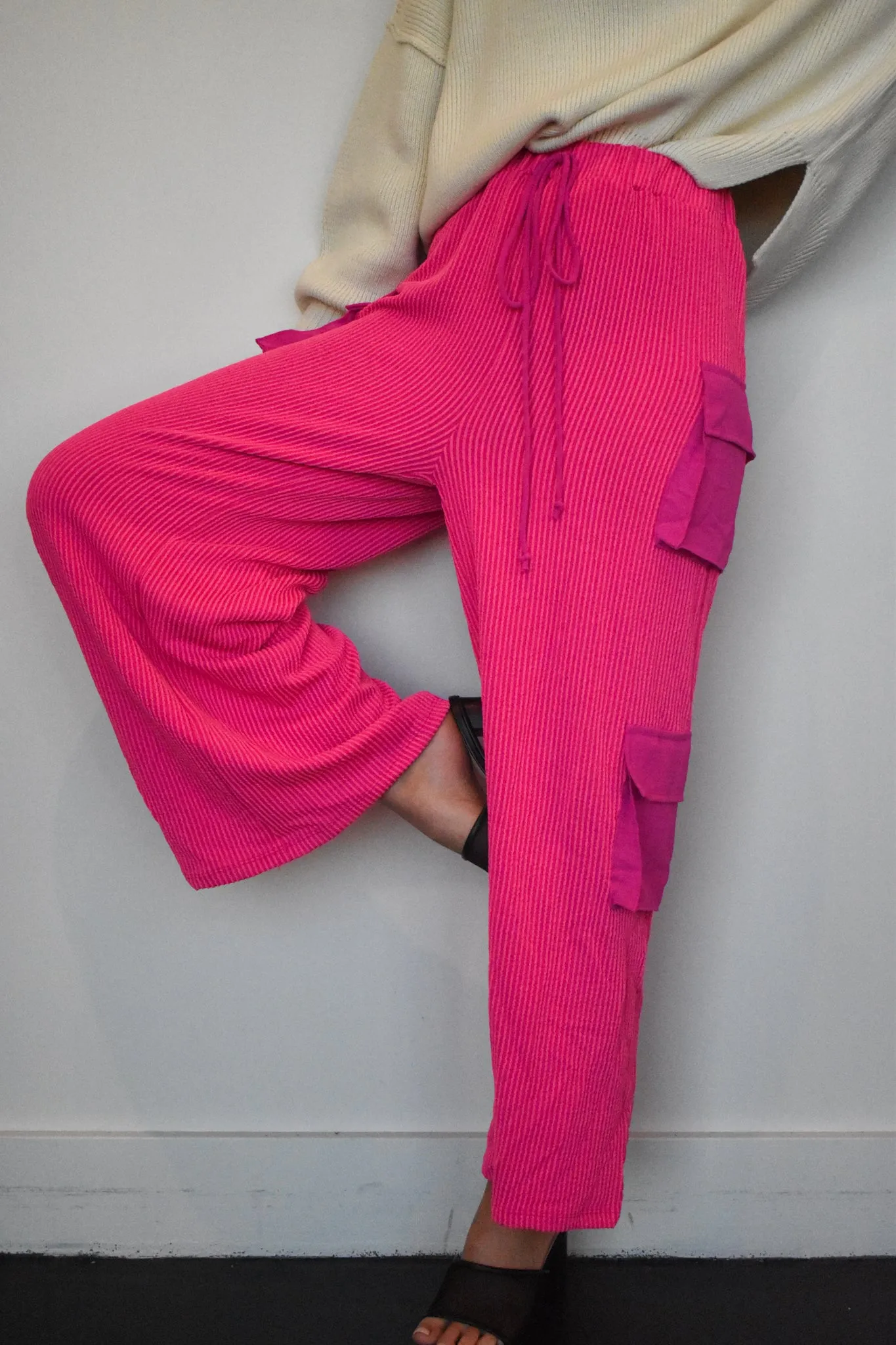 Ribbed Knit Cargo Pants- Fuschia