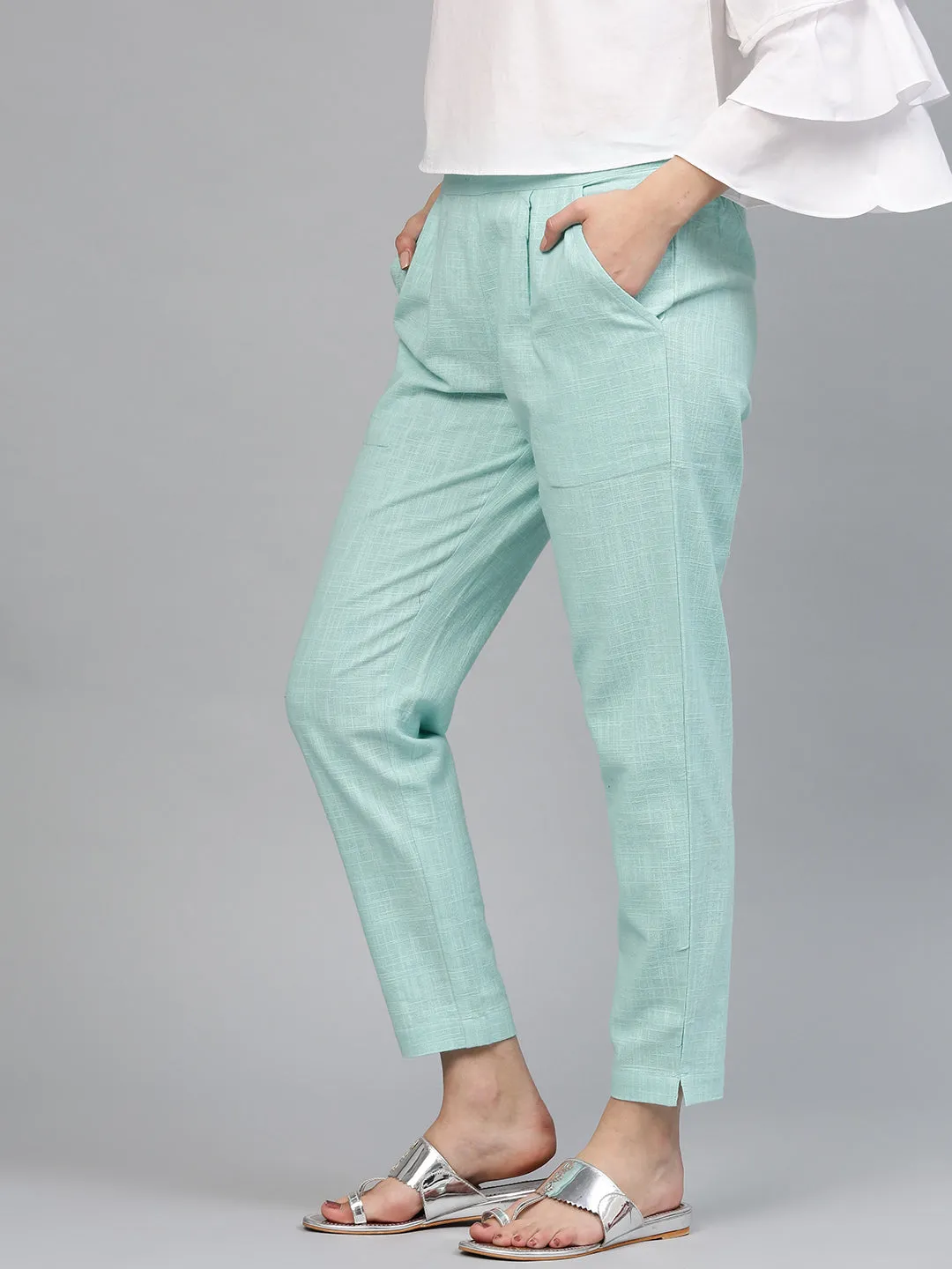 Sky Blue Solid Cotton Slub Straight Pants