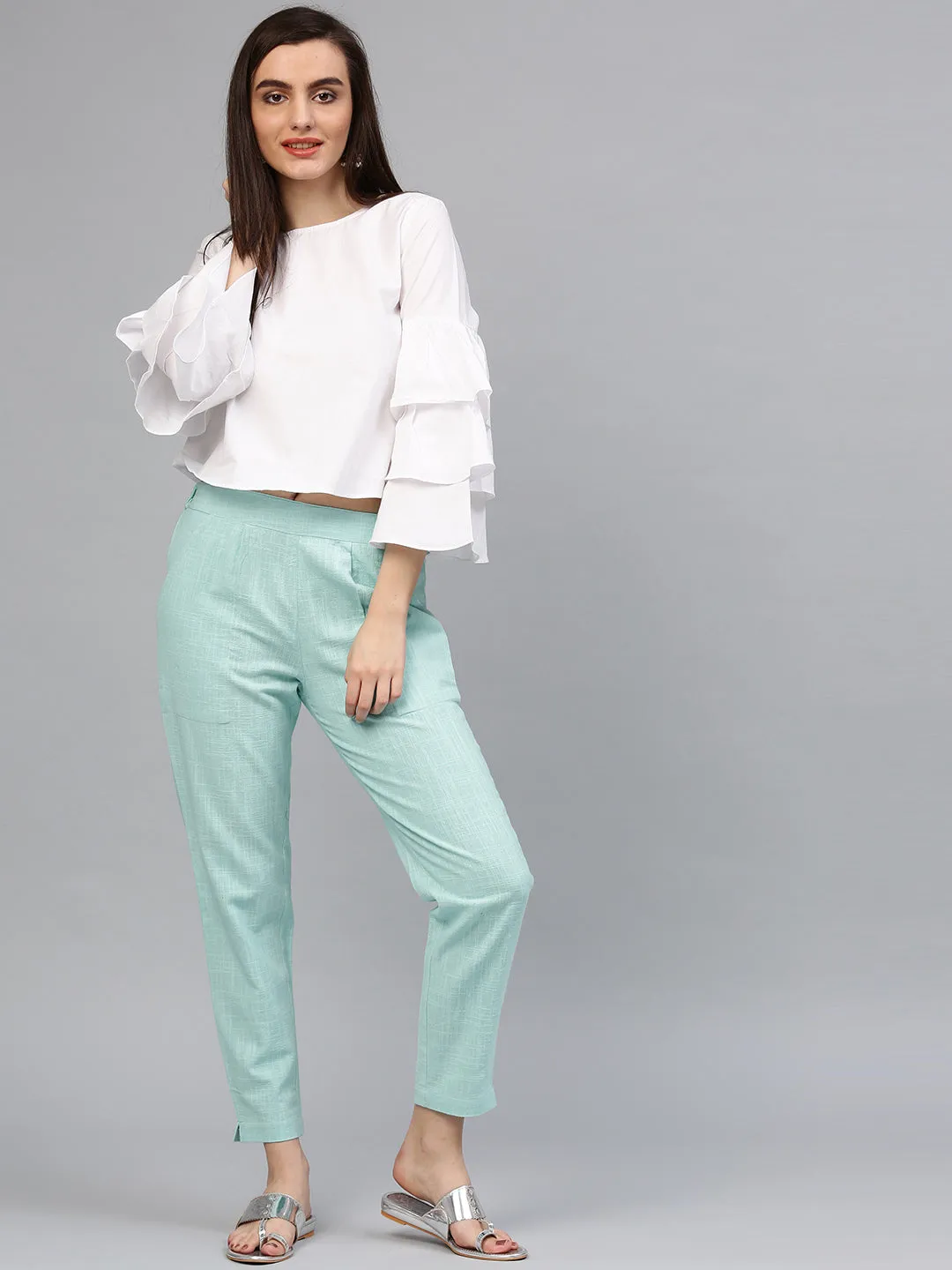 Sky Blue Solid Cotton Slub Straight Pants