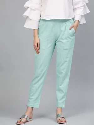 Sky Blue Solid Cotton Slub Straight Pants