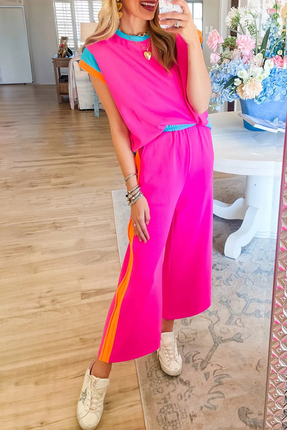 Strawberry Pink Colorblock Cap Sleeve Tee and Wide Leg Pants Set