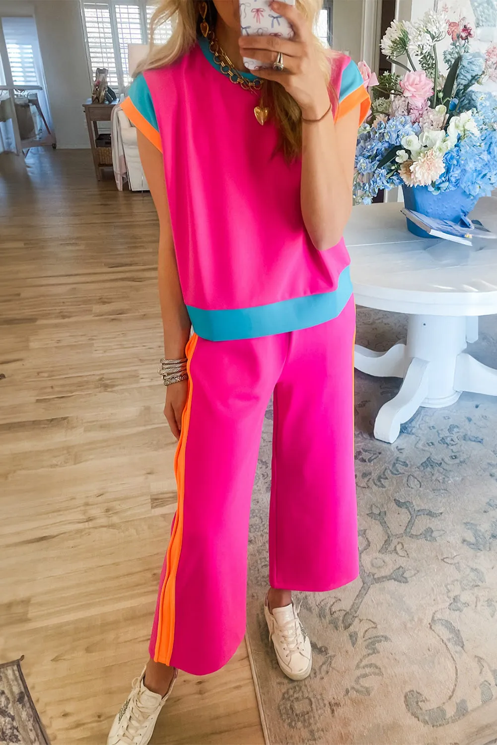 Strawberry Pink Colorblock Cap Sleeve Tee and Wide Leg Pants Set