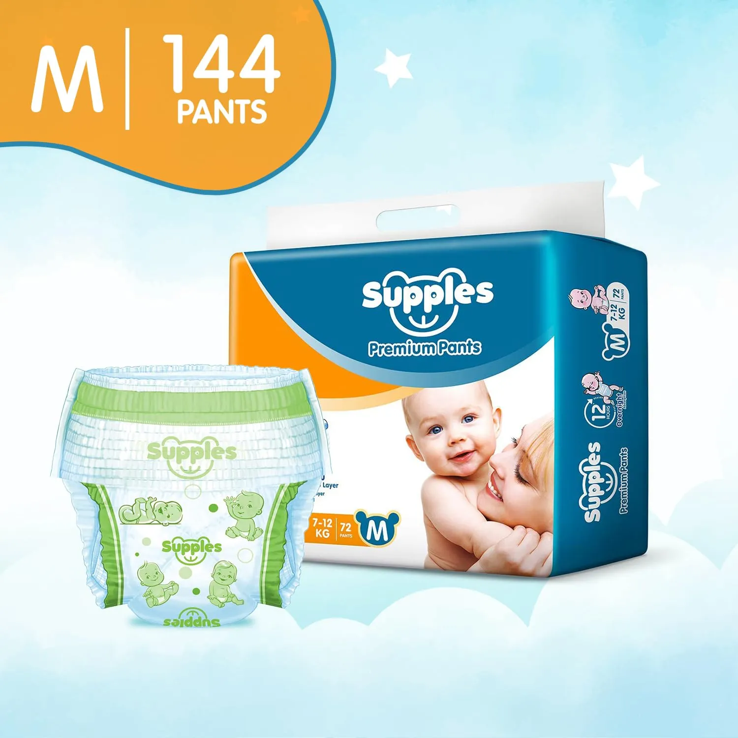 Supples Premium Diapers, Medium (M), 144 Count, 7-12 Kg, 12 hrs Absorption Baby Diaper Pants