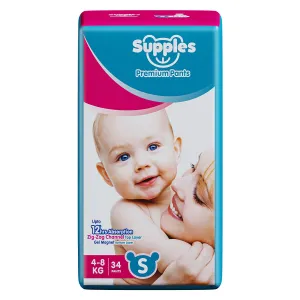 Supples Premium Diapers, Small (S), 34 Count, 4-8 Kg, 12 hrs Absorption Baby Diaper Pants