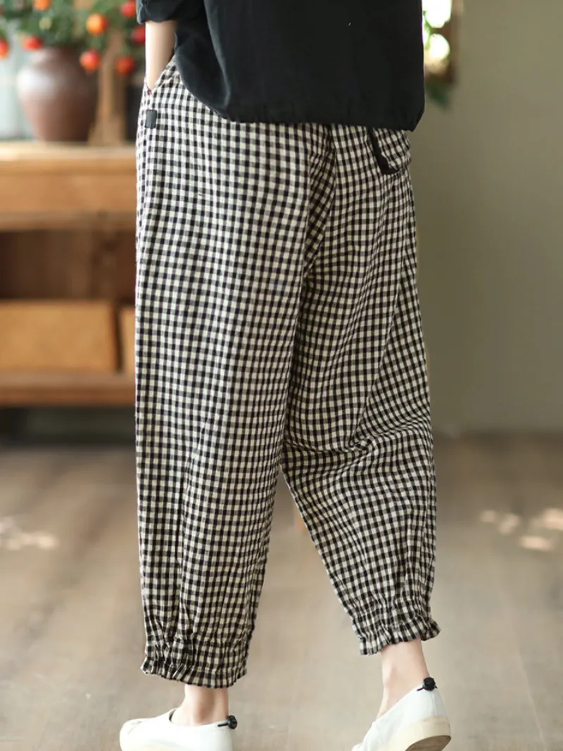 Women's Elastic Waist Plaid Casual Harem Trousers Bottom Pants