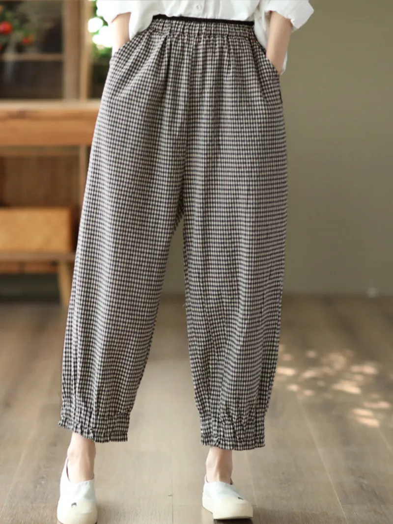 Women's Elastic Waist Plaid Casual Harem Trousers Bottom Pants