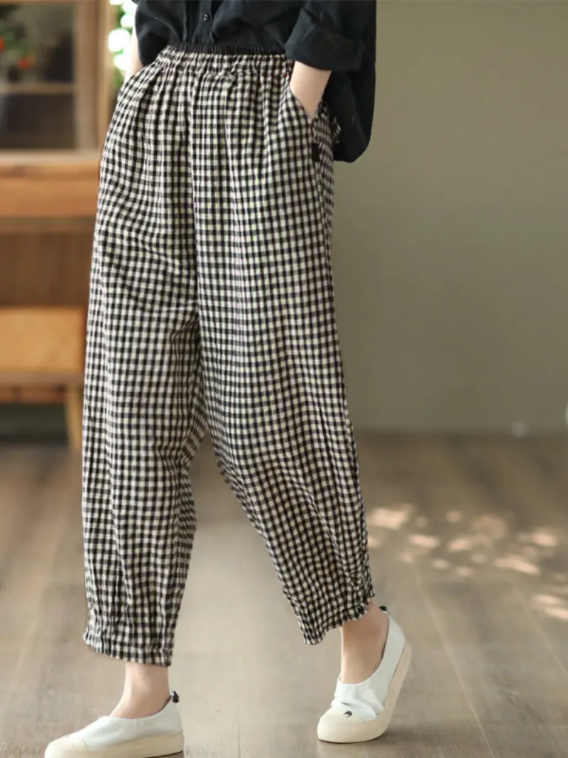 Women's Elastic Waist Plaid Casual Harem Trousers Bottom Pants