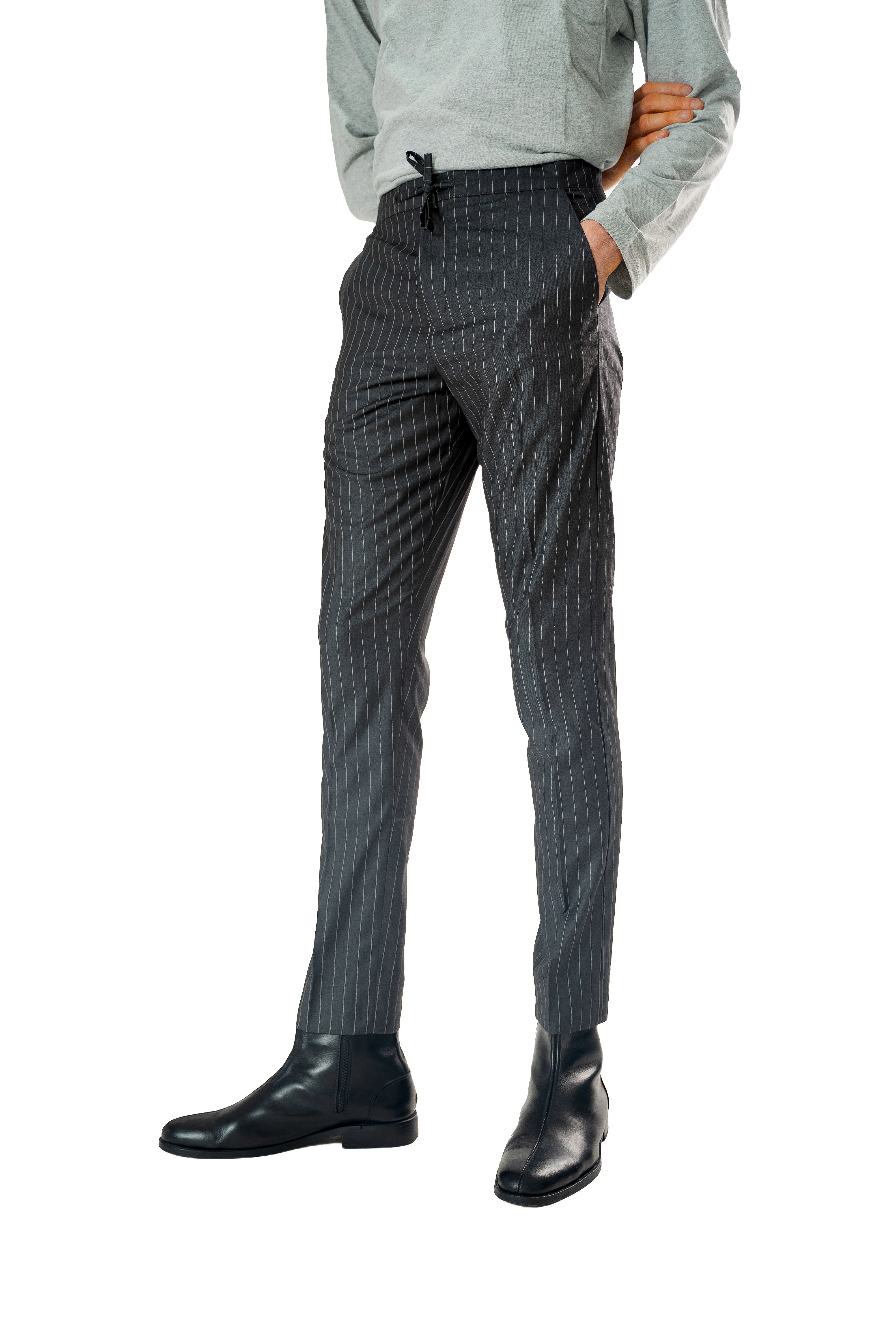 Wool Drawstring Pants in Grey Pinstripe