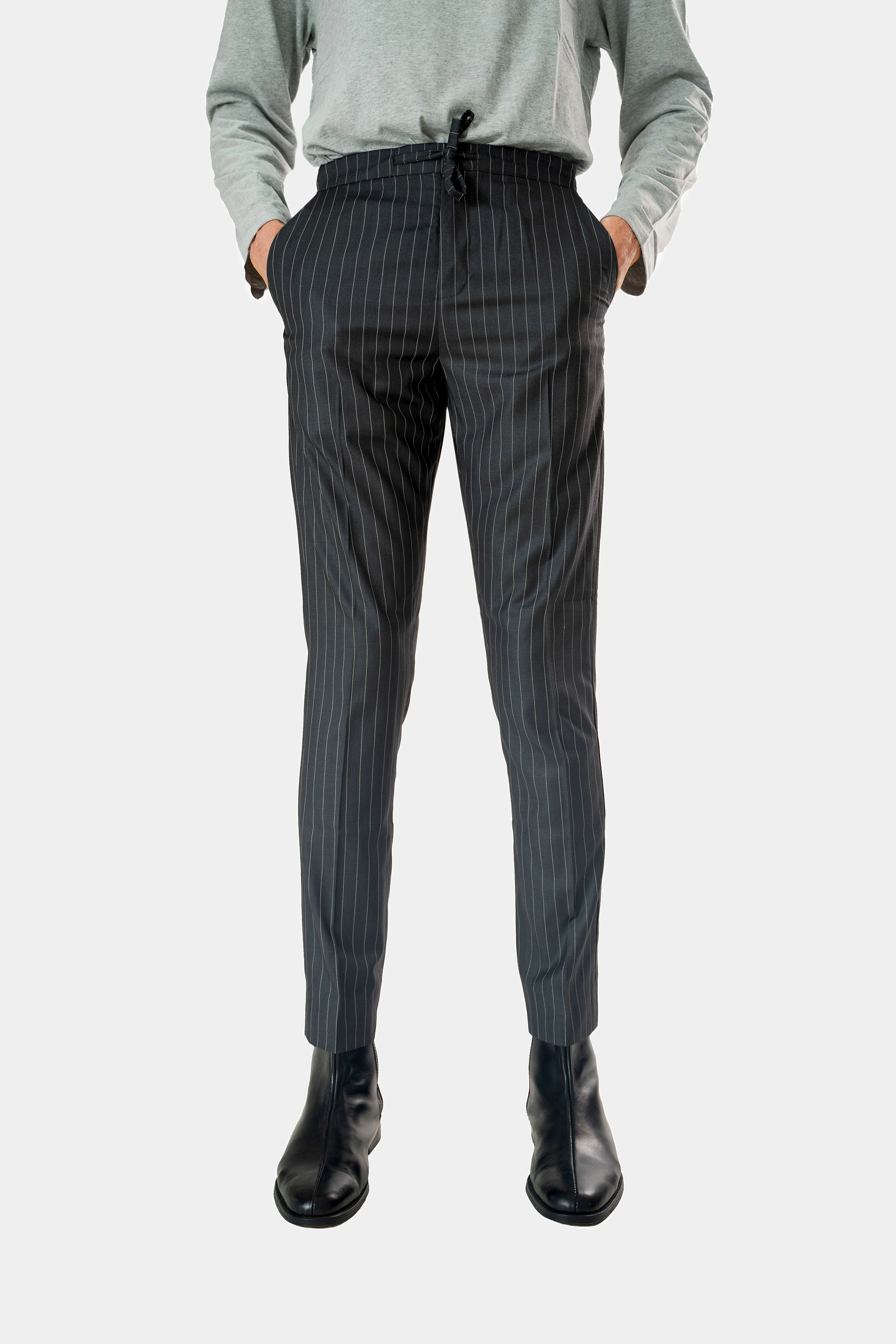 Wool Drawstring Pants in Grey Pinstripe